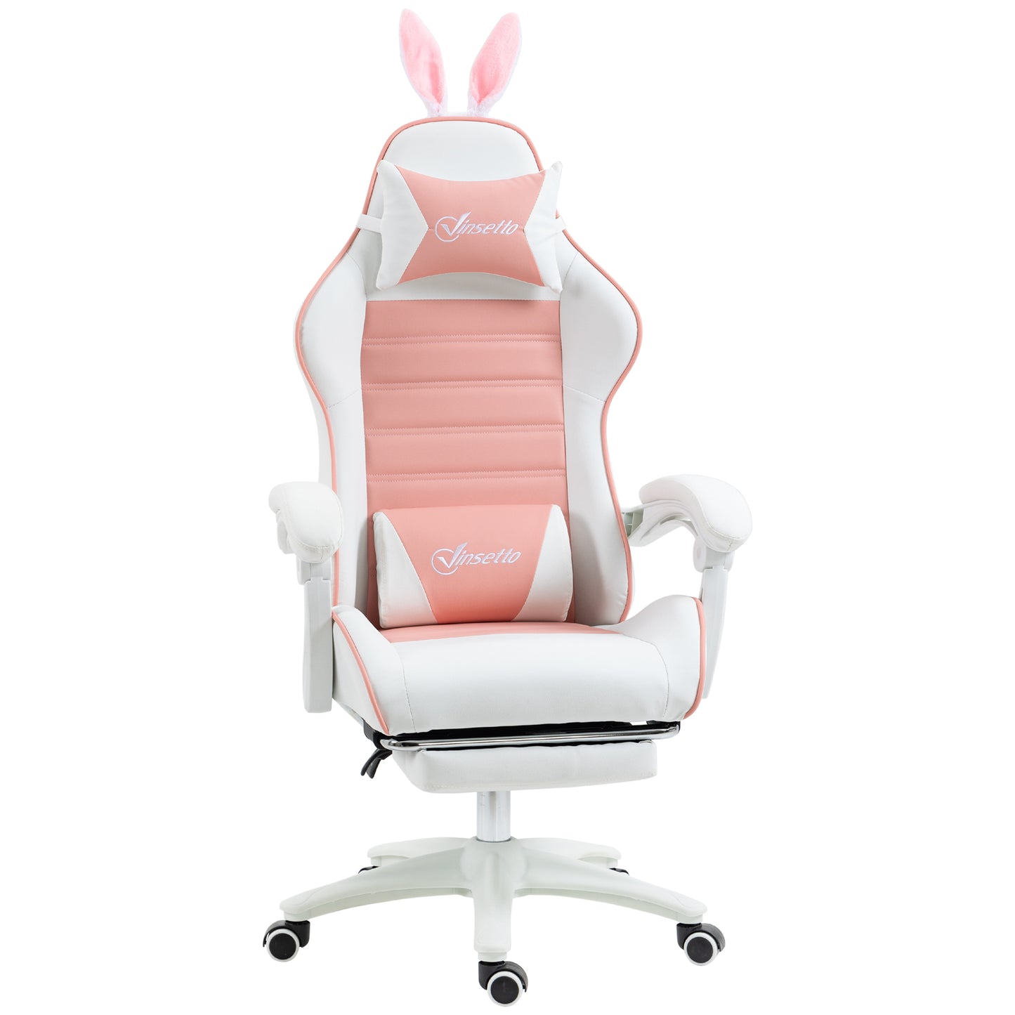 Photo of Vinsetto Racing Gaming Chair, Reclining PU Leather Computer Chair with Removable Rabbit Ears, Footrest, Headrest and Lumber Support, Pink in Pink colour on a white background