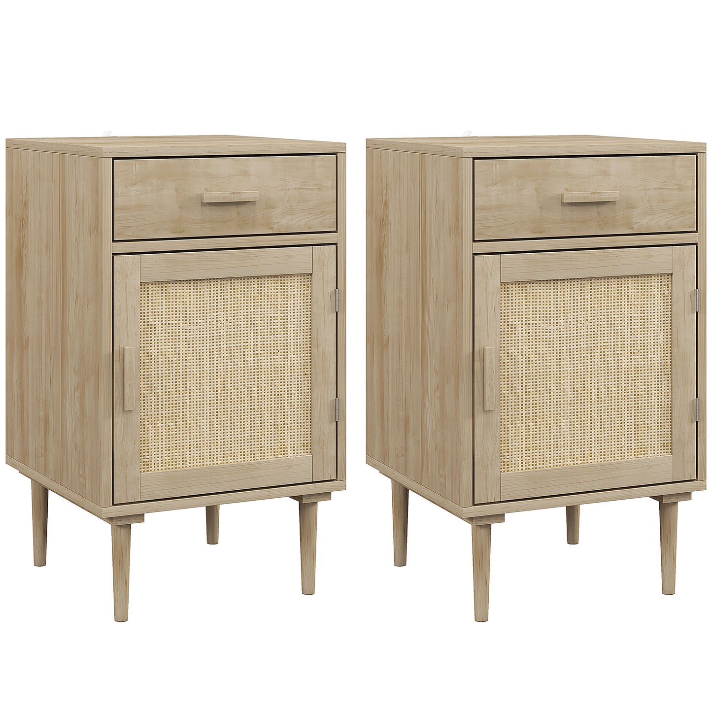 Photo of HOMCOM Bedside Tables Set of 2, Rattan Side Tables with Drawer, Cabinet and Adjustable Shelf, Boho Bedside Cabinets with Storage for Bedroom, Living Room, Natural Wood Finish in Finish colour on a white background
