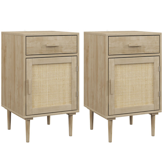 Photo of HOMCOM Bedside Tables Set of 2, Rattan Side Tables with Drawer, Cabinet and Adjustable Shelf, Boho Bedside Cabinets with Storage for Bedroom, Living Room, Natural Wood Finish in Finish colour on a white background