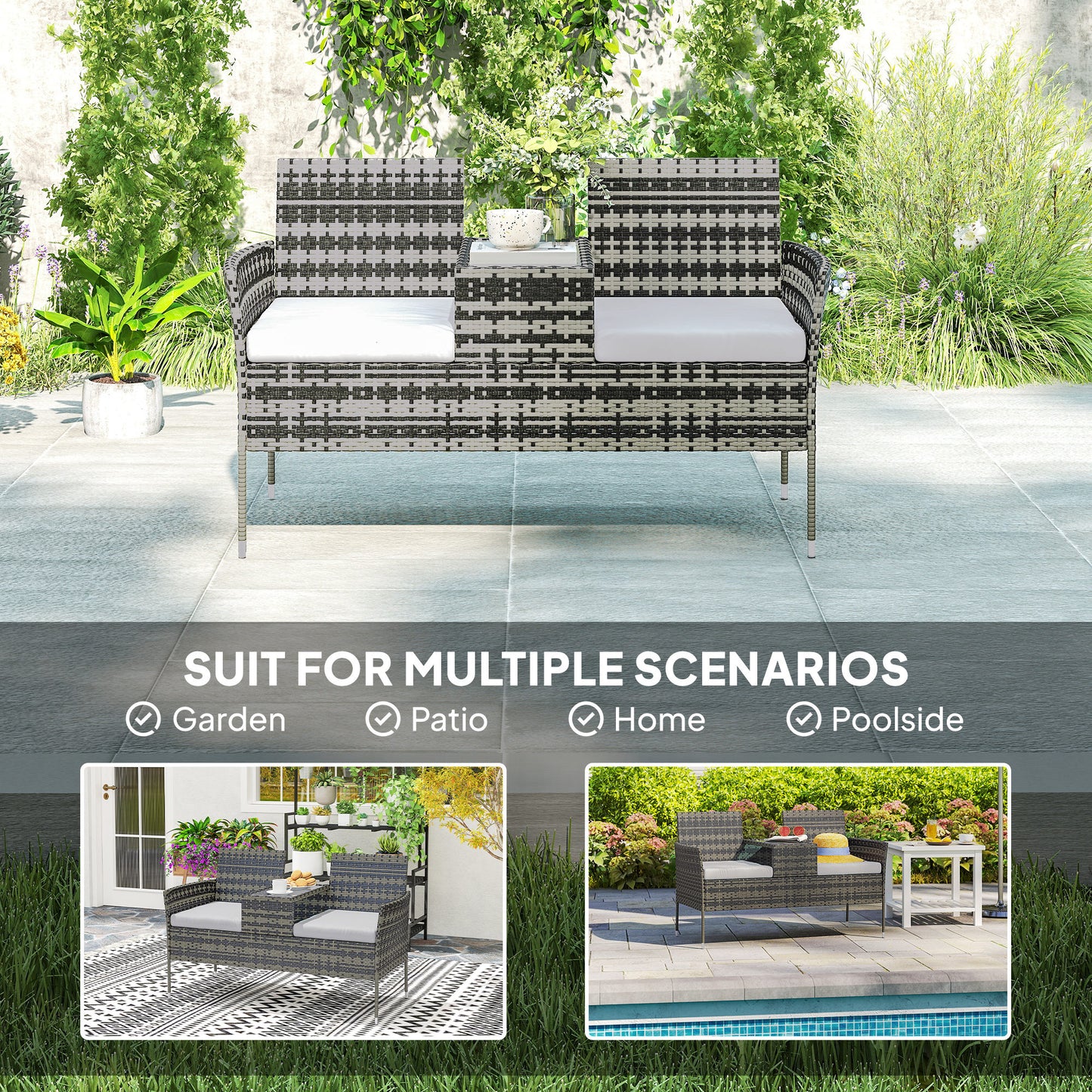 Outsunny Two-Seat Rattan Chair, with Middle Table - Charcoal Grey