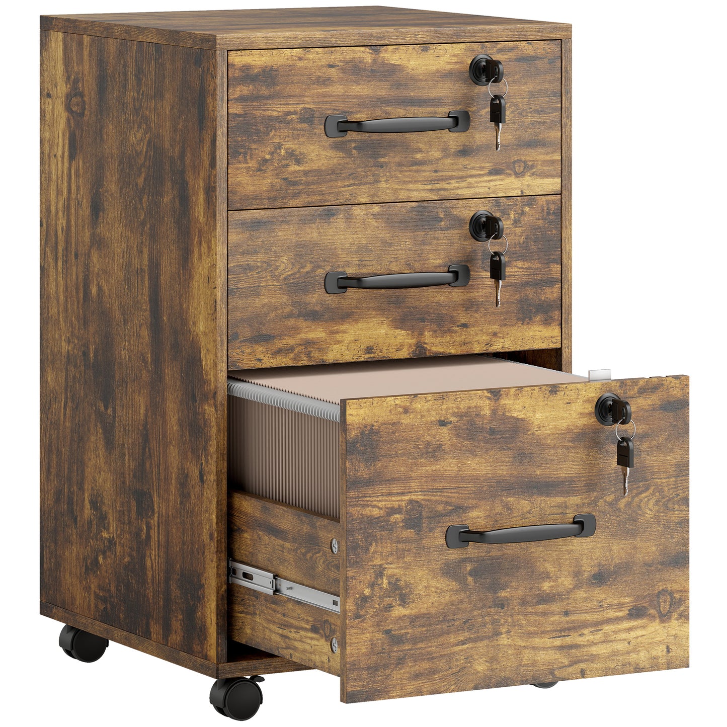 Photo of HOMCOM Three Drawer Wood-Effect Filing Cabinet - Rustic Brown in Brown colour on a white background