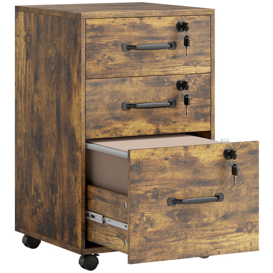 Photo of HOMCOM Three Drawer Wood-Effect Filing Cabinet - Rustic Brown in Brown colour on a white background
