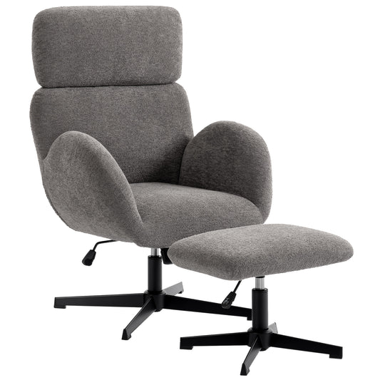 Photo of HOMCOM Swivel Armchair and Footstool Set, Height Adjustable Accent Chair with Adjustable Headrest, Rocking Function, Grey in Grey colour on a white background