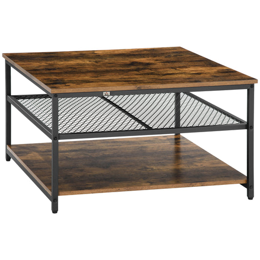 Photo of HOMCOM Coffee Table, Living Room Table with 3-Tier Storage Shelves, Square Tea Table for Home Office, Rustic Brown in Brown colour on a white background