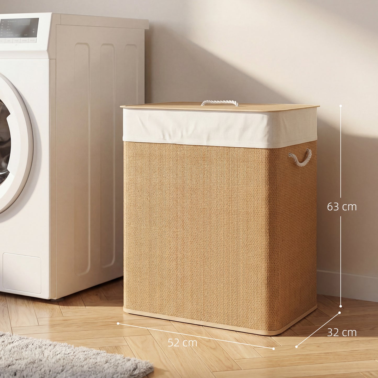 HOMCOM 2 Section Laundry Basket with Lid, 100L Bamboo Laundry Hamper with Handles, Removable and Washable Liner, Brown