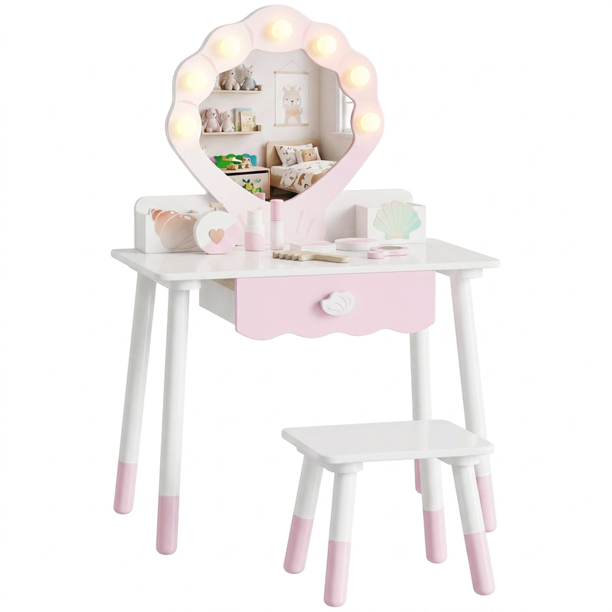 Photo of AIYAPLAY Kids Vanity Set, Kids Dressing Table with Chair, Acrylic Mirror, Lighted Bulbs, 7-Piece Accessories, for 3-8 Years, Pink in Pink colour on a white background