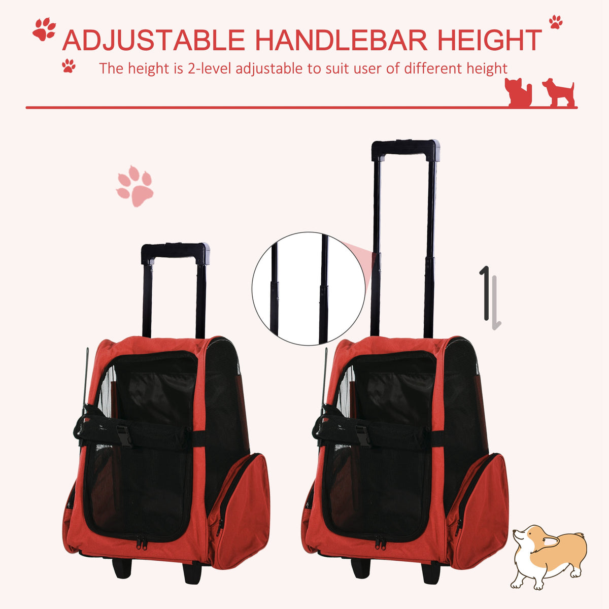 PawHut 2 in 1 Dog Backpack and Trolley, Pet Travel Backpack Cat Dog Carrier with Telescopic Handle, Portable Pet Stroller Wheel Luggage Bag (Red)