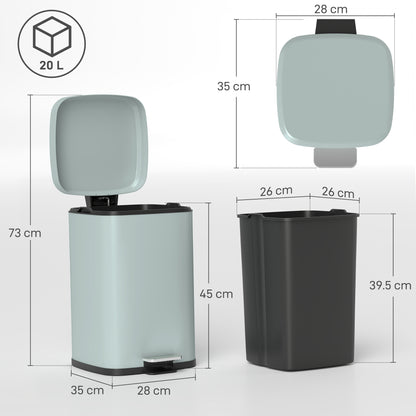 Light green 20L pedal bin shown open with removable inner bucket and size dimensions.