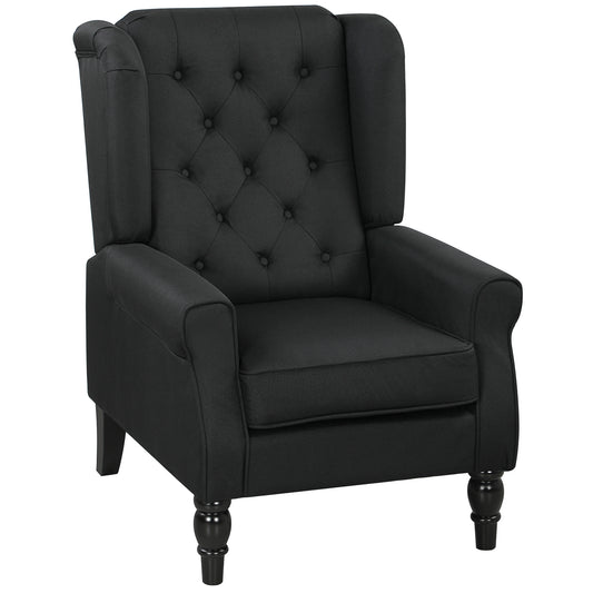 Photo of HOMCOM Wingback Accent Chair, Faux Linen Armchair with Thick Spring Cushion, High Back, Solid Wood Legs, Retro Button Tufted Reading Chair for Living Room, Bedroom, Black in Black colour on a white background