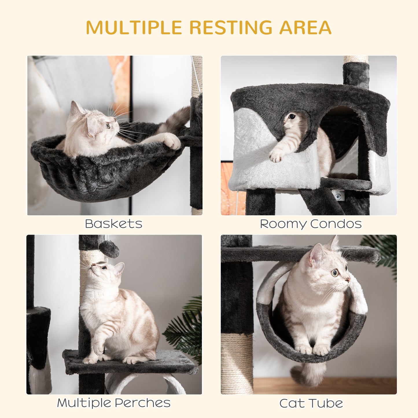 PawHut Floor-to-Ceiling Cat Tree for Indoor Cats, 240-260cm Adjustable Cat Tree - White