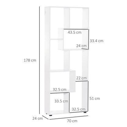 White HOMCOM room divider bookcase with open asymmetrical shelves and dimension labels