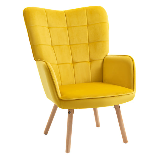 Photo of HOMCOM Modern Accent Chair, Upholstered High Back Armchair with Tufted Wingback, Seat Padding, Velvet Leisure Lounge Bedroom Chair with Wood Legs, Yellow in Yellow colour on a white background