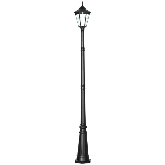Photo of Outsunny 2.4 m Garden Lamp Post Light, LED Solar Powered Patio Path Lighting Lamp with Aluminium Frame, PIR Motion Sensor for Lawn, Pathway, Driveway, Black in Black colour on a white background