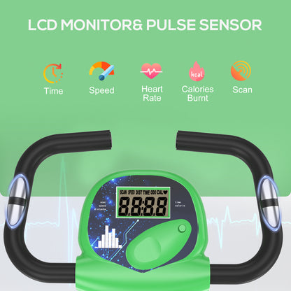Green exercise bike console with LCD monitor, pulse sensor grips, and time, speed, heart rate, and calorie readouts
