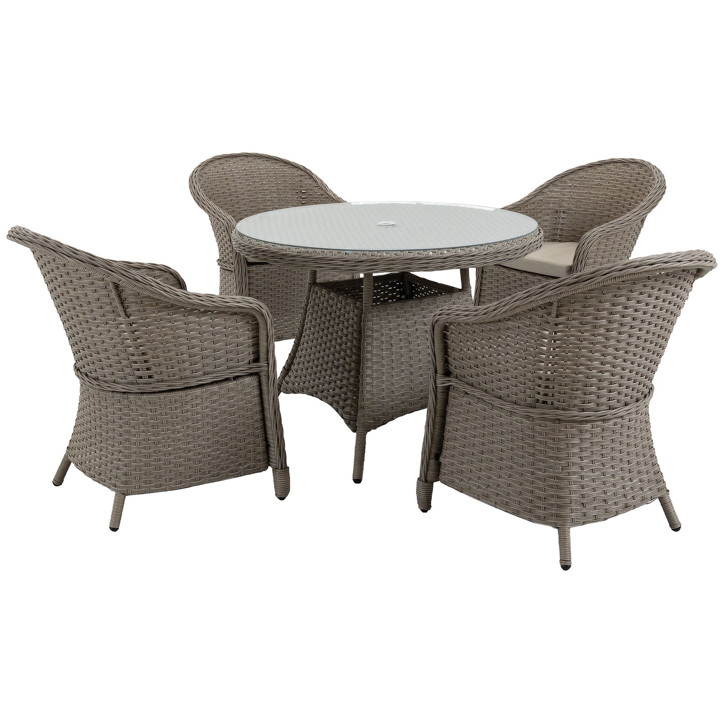 Photo of Outsunny 4 Seater Rattan Garden Furniture Set with Cushions, Round PE Rattan Dining Set with Glass-Top Table, Umbrella Hole, Outdoor Garden Table and Chairs, Mixed Grey in Grey colour on a white background