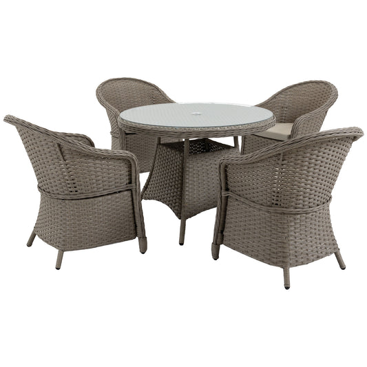 Photo of Outsunny 4 Seater Rattan Garden Furniture Set with Cushions, Round PE Rattan Dining Set with Glass-Top Table, Umbrella Hole, Outdoor Garden Table and Chairs, Mixed Grey in Grey colour on a white background