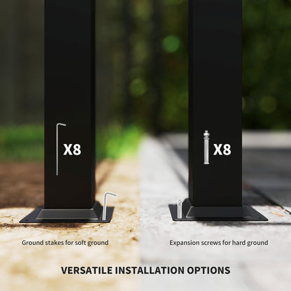 Metal pergola base plates with ground stakes and expansion screws
