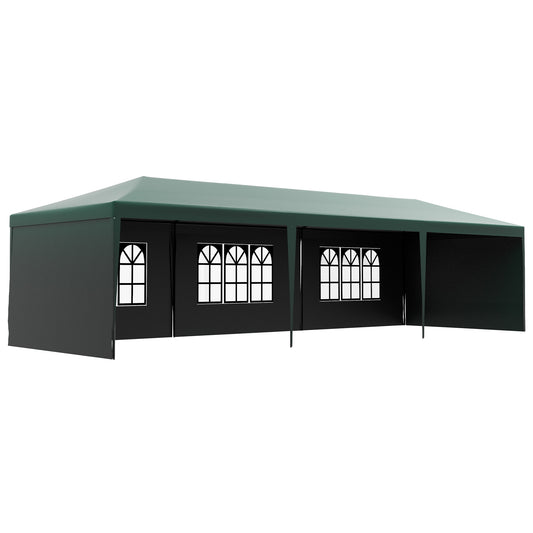 Photo of Outsunny 9 x 3 m Party Tent Gazebo Marquee Outdoor Patio Canopy Shelter with Windows and Side Panels Dark Green in Green colour on a white background