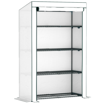 Outsunny four-tier mini greenhouse with green frame, white cover, and wire shelves