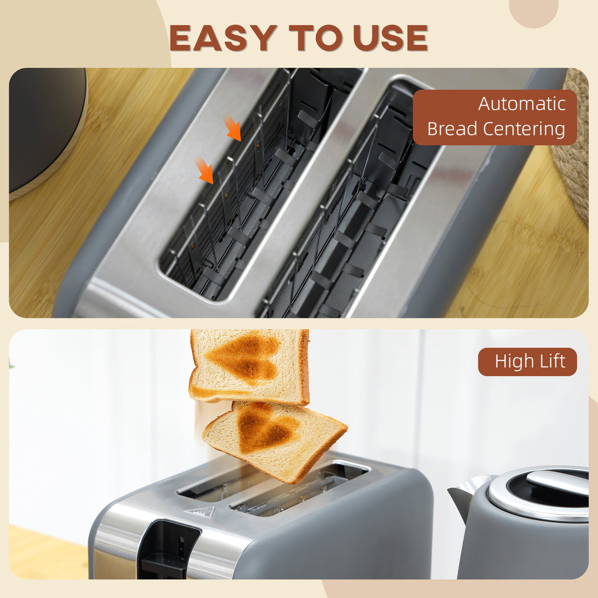 Toaster slots with automatic bread centering and high-lift toast function