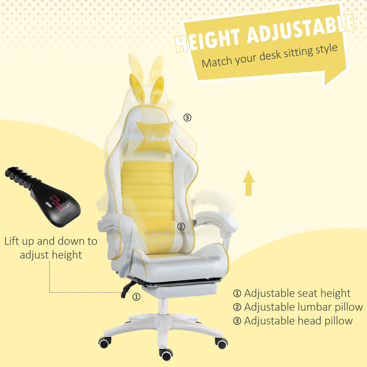 Vinsetto Gaming Chair with Rabbit Ears and Footrest, Ergonomic Computer Chair for Girls Adults, with Headrest, Lumbar Support, Reclining Back, Swivel Wheels, Yellow and White