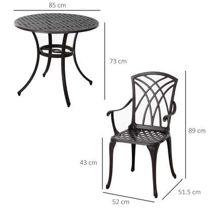 Outsunny cast aluminum garden table and armchair with dimensions shown