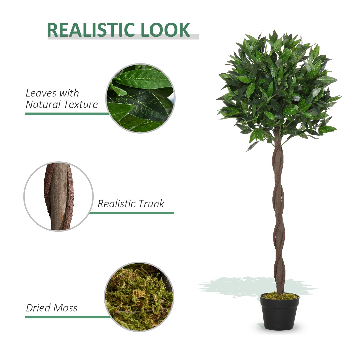 Outsunny Artificial Bay Laurel Topiary Trees with Twisted Trunk, Realistic Lush Topiary Ball Tree with Weighted Pot, 120cm Indoor Greenery Plant for Home Office Garden Decor, Set of 2, Green