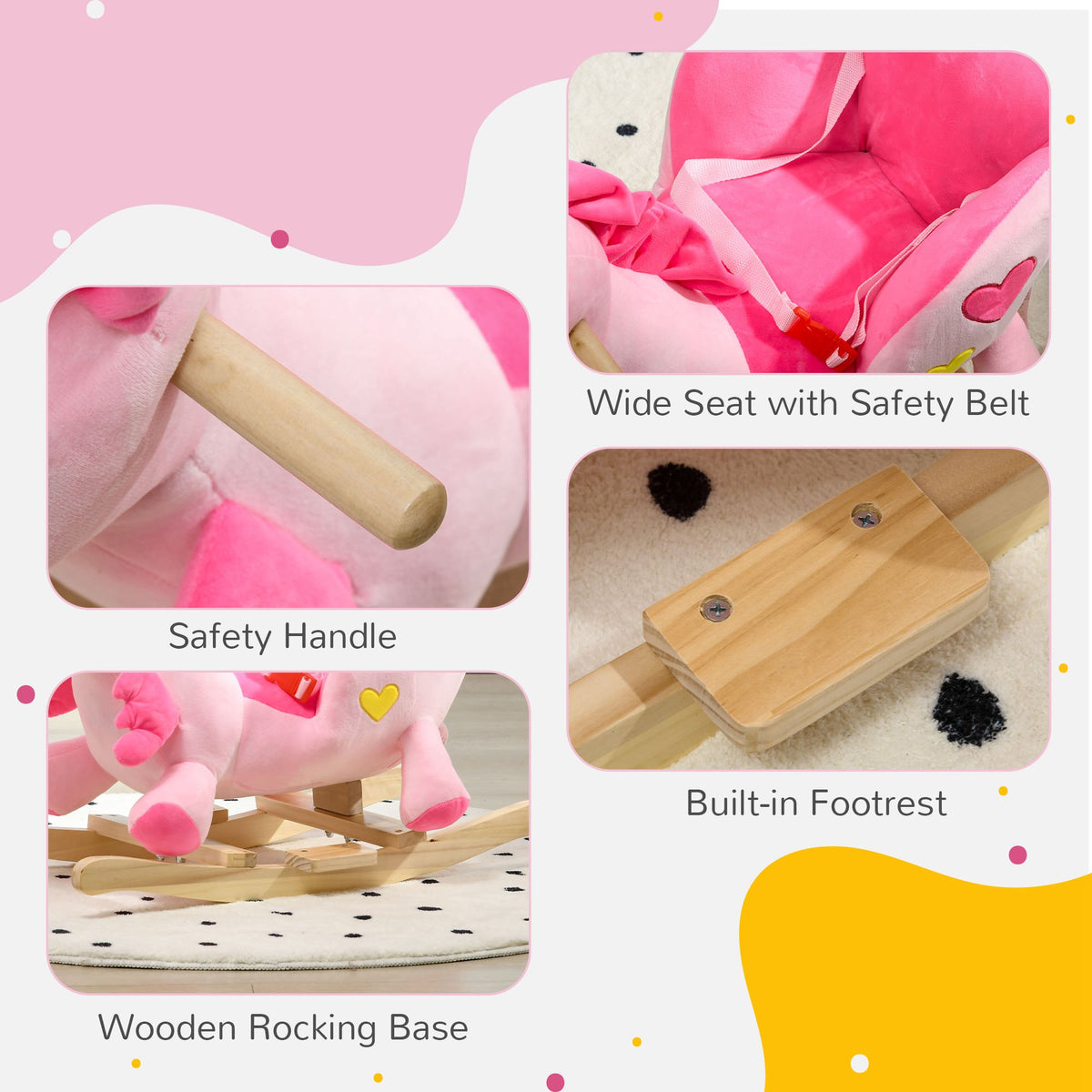 Unicorn rocking toy details: wooden handle, safety belt, footrest, and rocking base