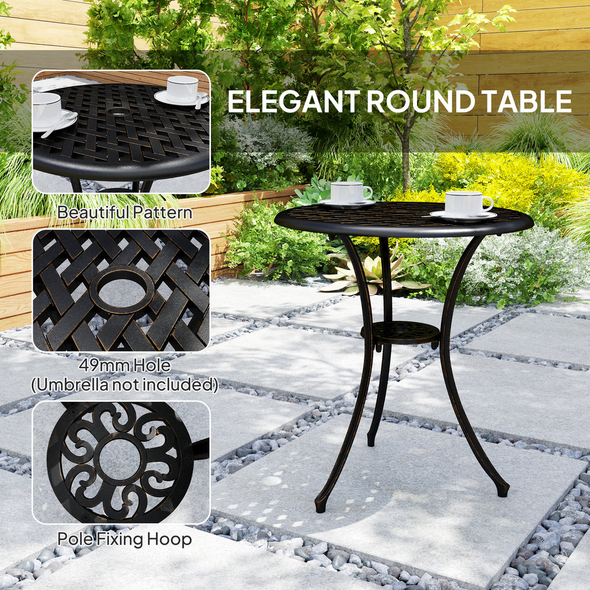 Outsunny round dining table with woven top, parasol hole, and pole-fixing hoop