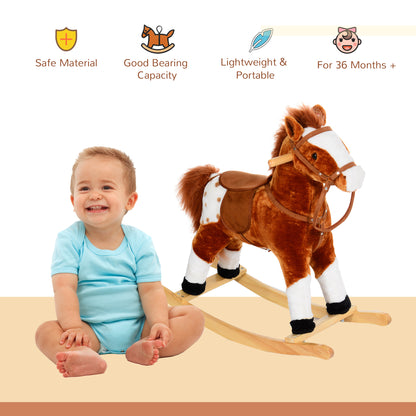 Plush rocking horse beside a seated child, with saddle, reins, and wooden rockers