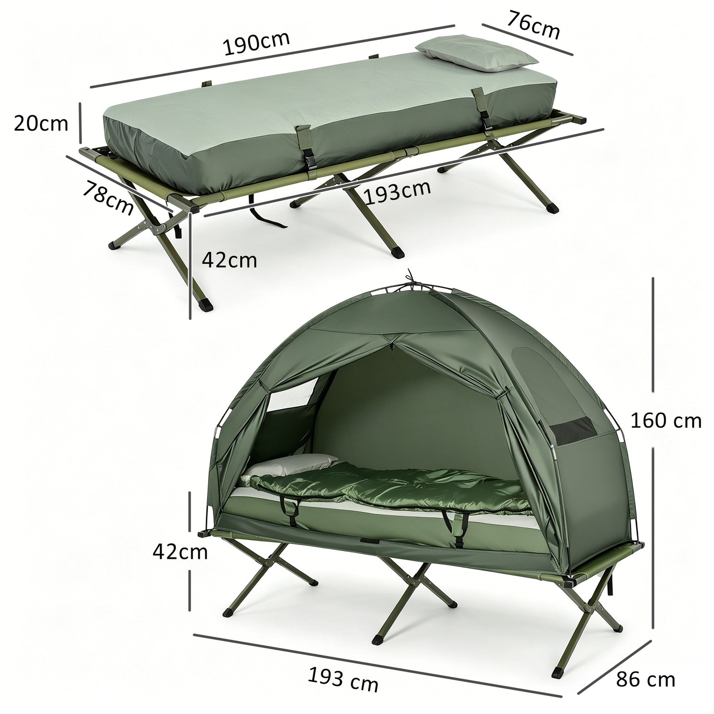Outsunny 1 person Foldable Camping Tent w/Sleeping Bag Air Mattress Outdoor Hiking Picnic Bed cot w/Foot Pump