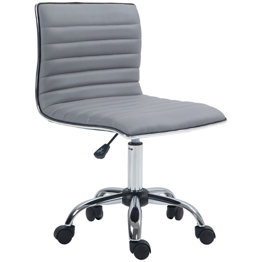 Photo of HOMCOM Armless Task Desk Chair, Swivel Office Chair with Faux Leather, Adjustable Seat Height, Chrome Base, Wheels for Home, Light Grey in Grey colour on a white background