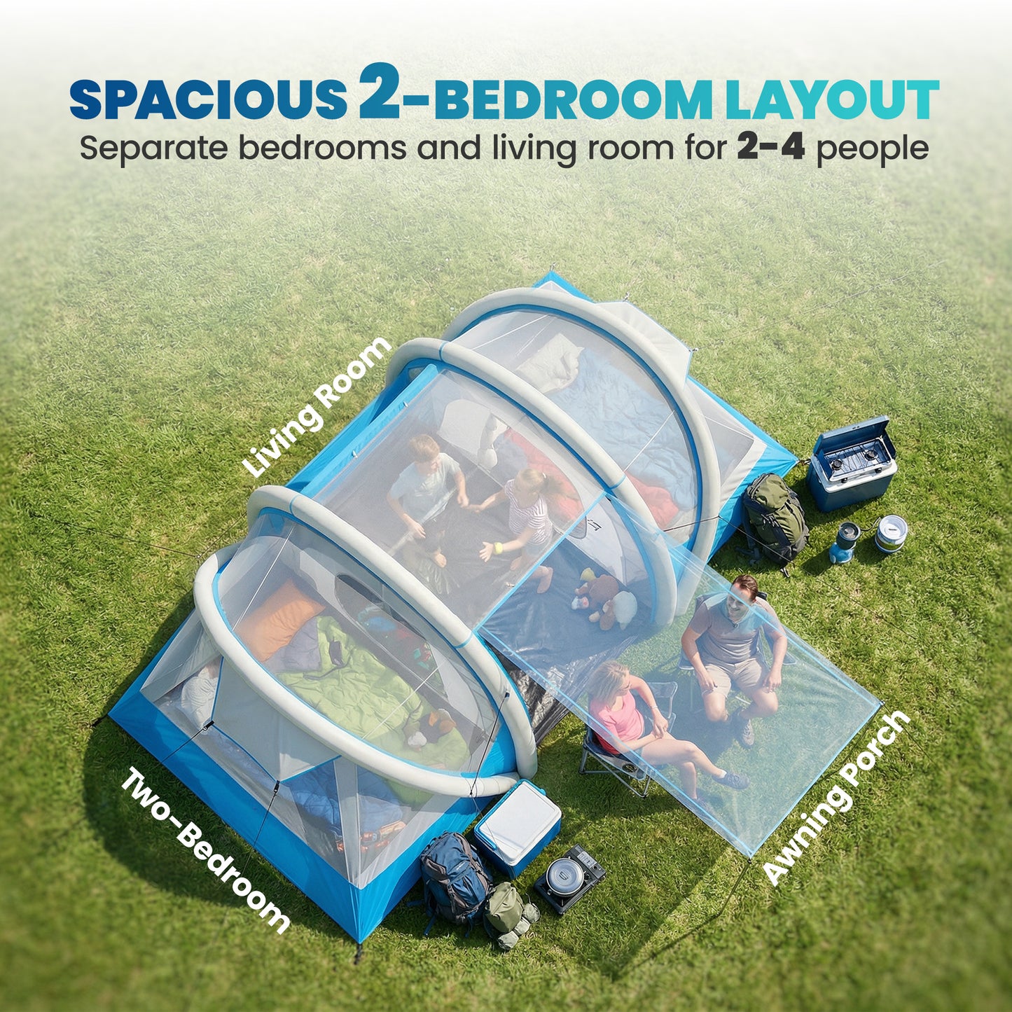 Outsunny Inflatable Tent 2 Bedroom Tunnel Design Windproof Air Tent with Carry Bag for 4 Person
