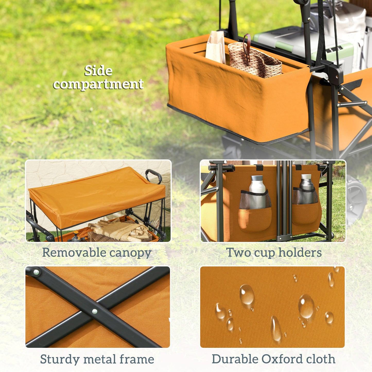Outsunny 180L Festival Trolley on Wheels, Push & Pull Beach Cart with Removable Canopy, Wide All-Terrain Wheels, Folding Camping Trolley Cart, Adjustable Handle for Garden Fishing Shopping, Orange