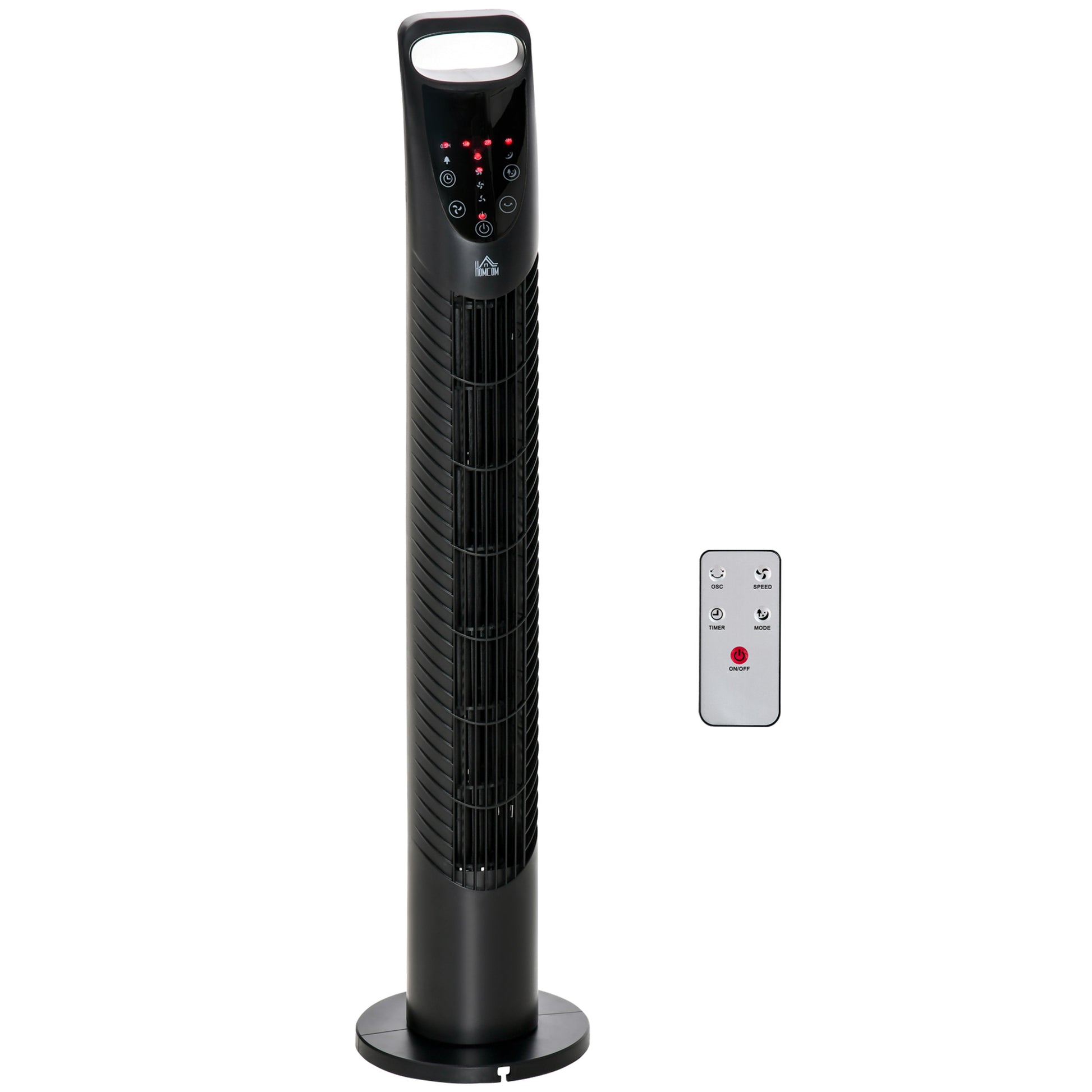Photo of HOMCOM 31 Inch Bladeless Oscillating Tower Fan with 70° Oscillation, Remote Control, 7.5H Timer, 3 Speed 3 Modes, Electric Floor Standing Cooling Fan for Home Bedroom Office, Black in Black colour on a white background