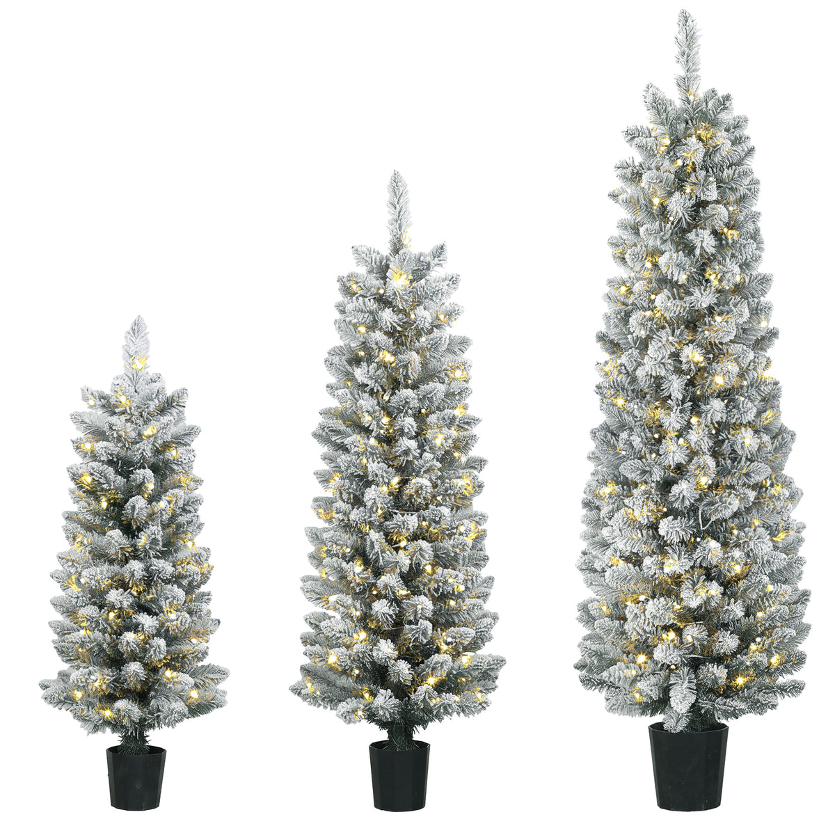 Photo of HOMCOM Prelit Snowy Flocked Artificial Christmas Tree Set of 3, Slim Xmas Tree with PVC Tips, 3FT+4FT+5FT in 3FT+4FT+5FT colour on a white background