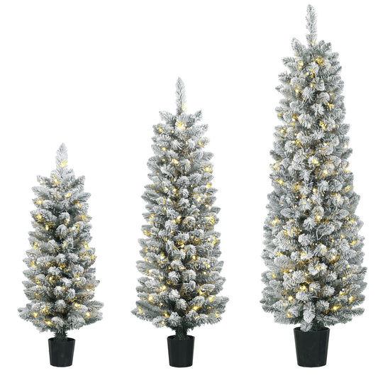 Photo of HOMCOM Prelit Snowy Flocked Artificial Christmas Tree Set of 3, Slim Xmas Tree with PVC Tips, 3FT+4FT+5FT in 3FT+4FT+5FT colour on a white background