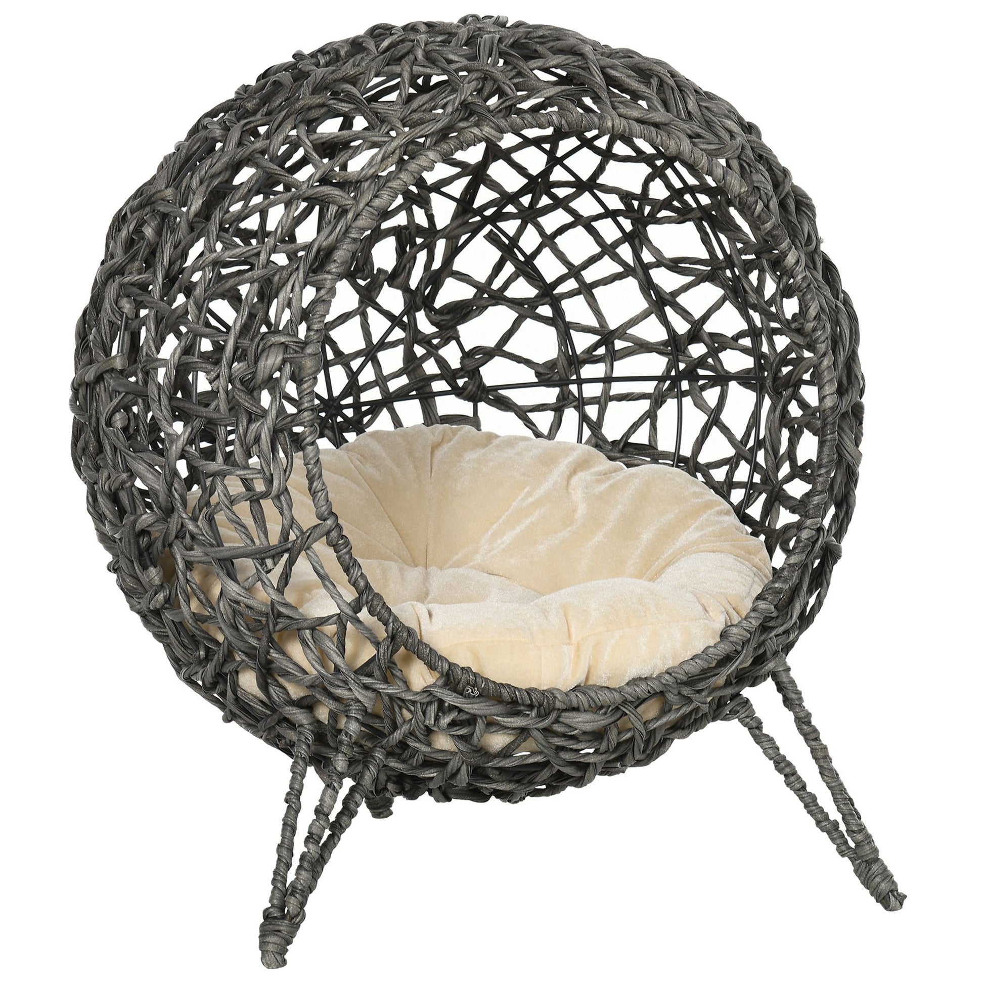 Photo of PawHut Rattan Elevated Cat Bed House Kitten Basket Ball Shaped Pet Furniture w/ Removable Cushion - Silver-Tone and Grey in Grey colour on a white background