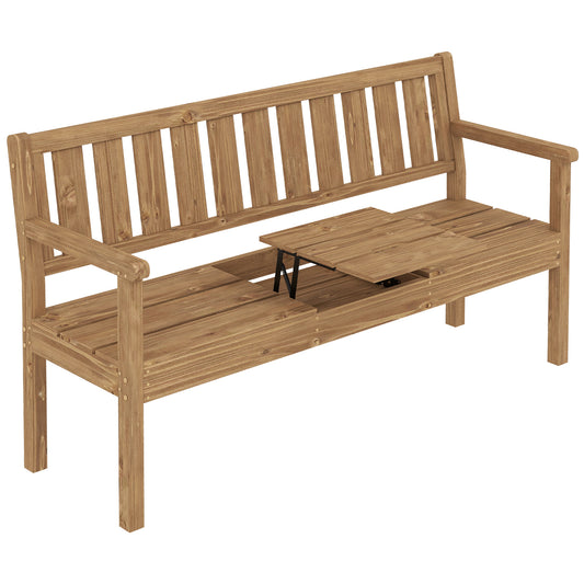 Photo of Outsunny Wooden Garden Bench with Liftable Table & Shelf, 2-3-Seater Outdoor Loveseat with Fir Wood Frame, Teak in Teak colour on a white background