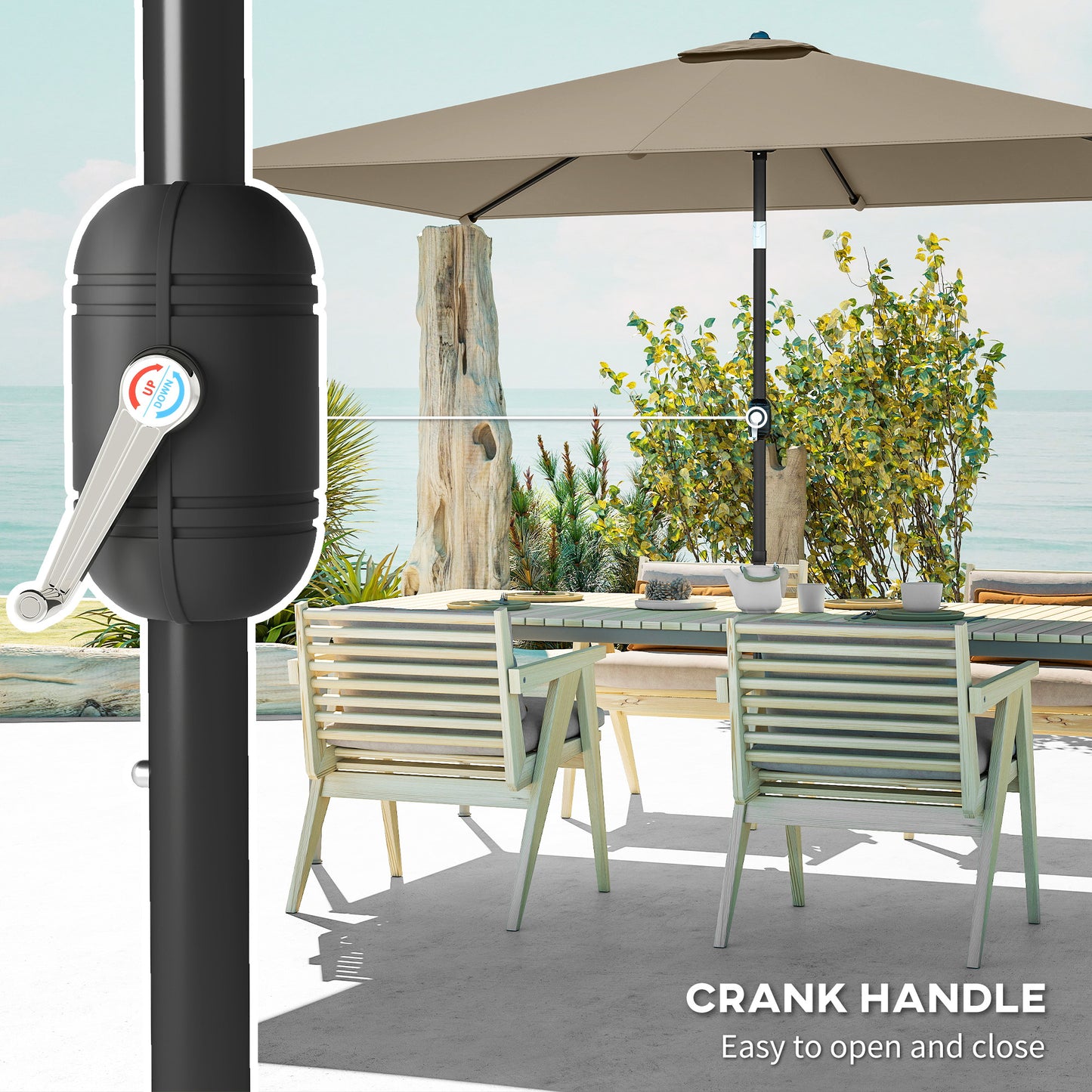 Outsunny Garden Parasol, Parasol Umbrella with Crank Handle, Tilt Function, Polyester Canopy, Khaki