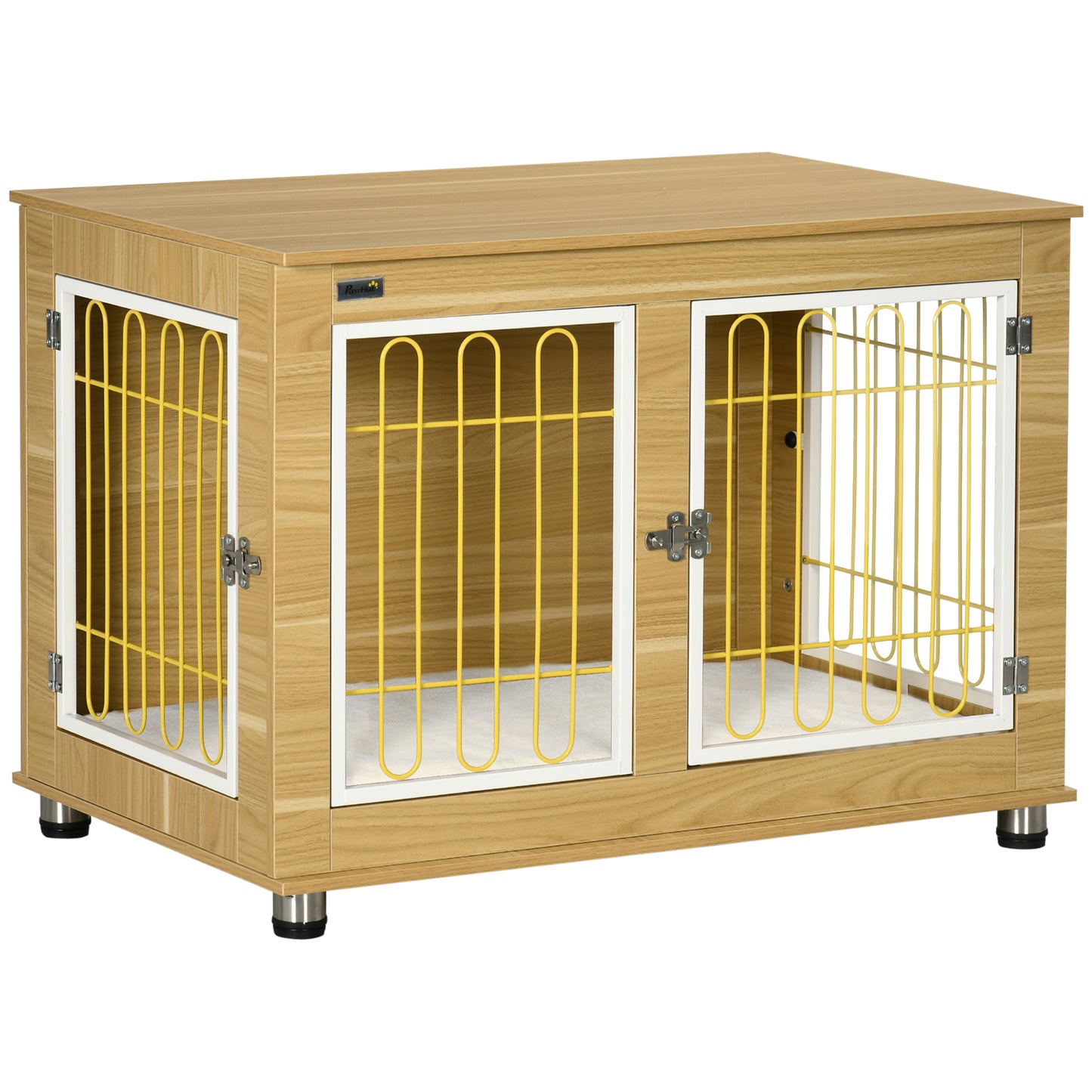 Photo of PawHut Dog Crate Furniture, Dog Cage End Table. with Soft Cushion, Double Door - Oak Tone in Tone colour on a white background