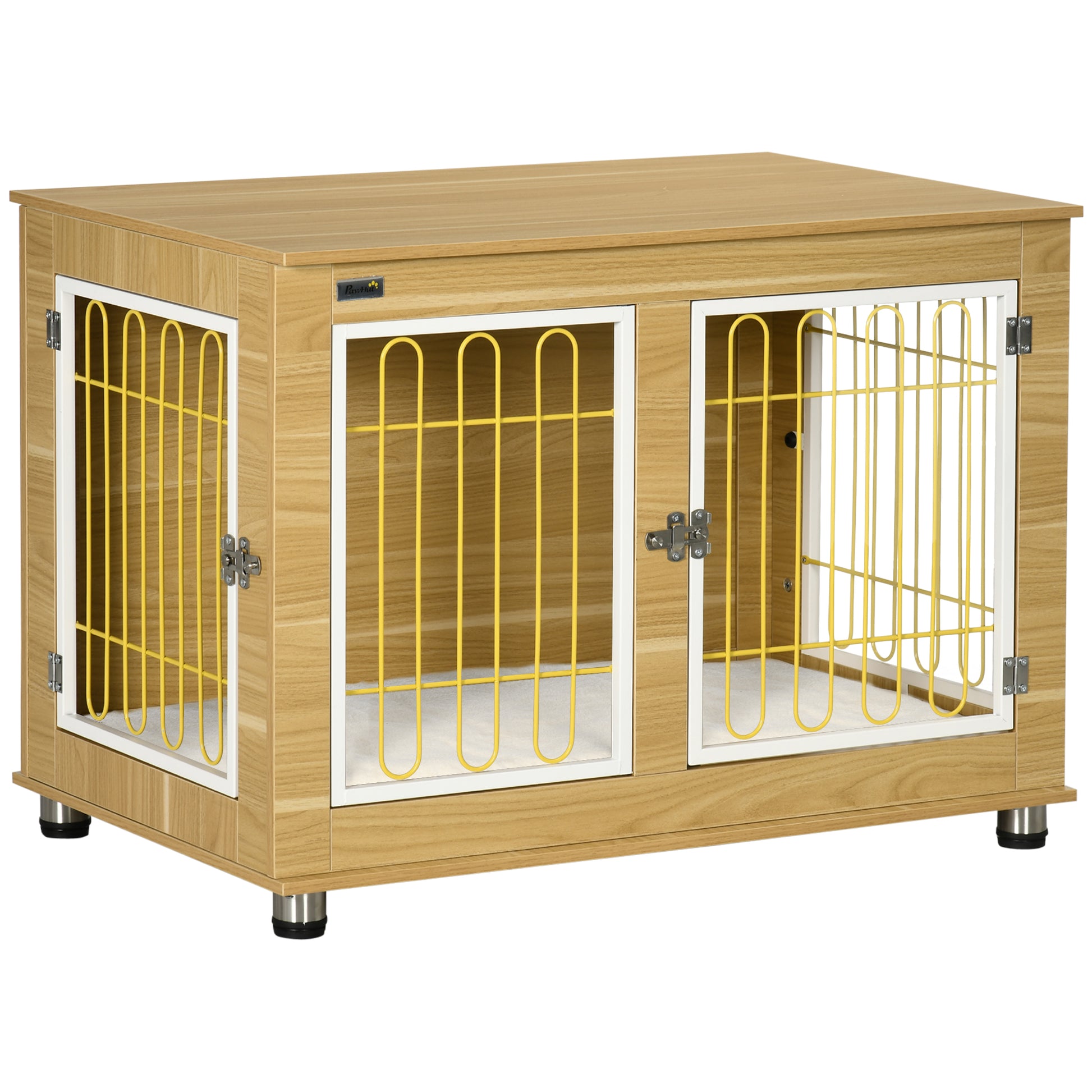 Photo of PawHut Dog Crate Furniture, Dog Cage End Table. with Soft Cushion, Double Door - Oak Tone in Tone colour on a white background