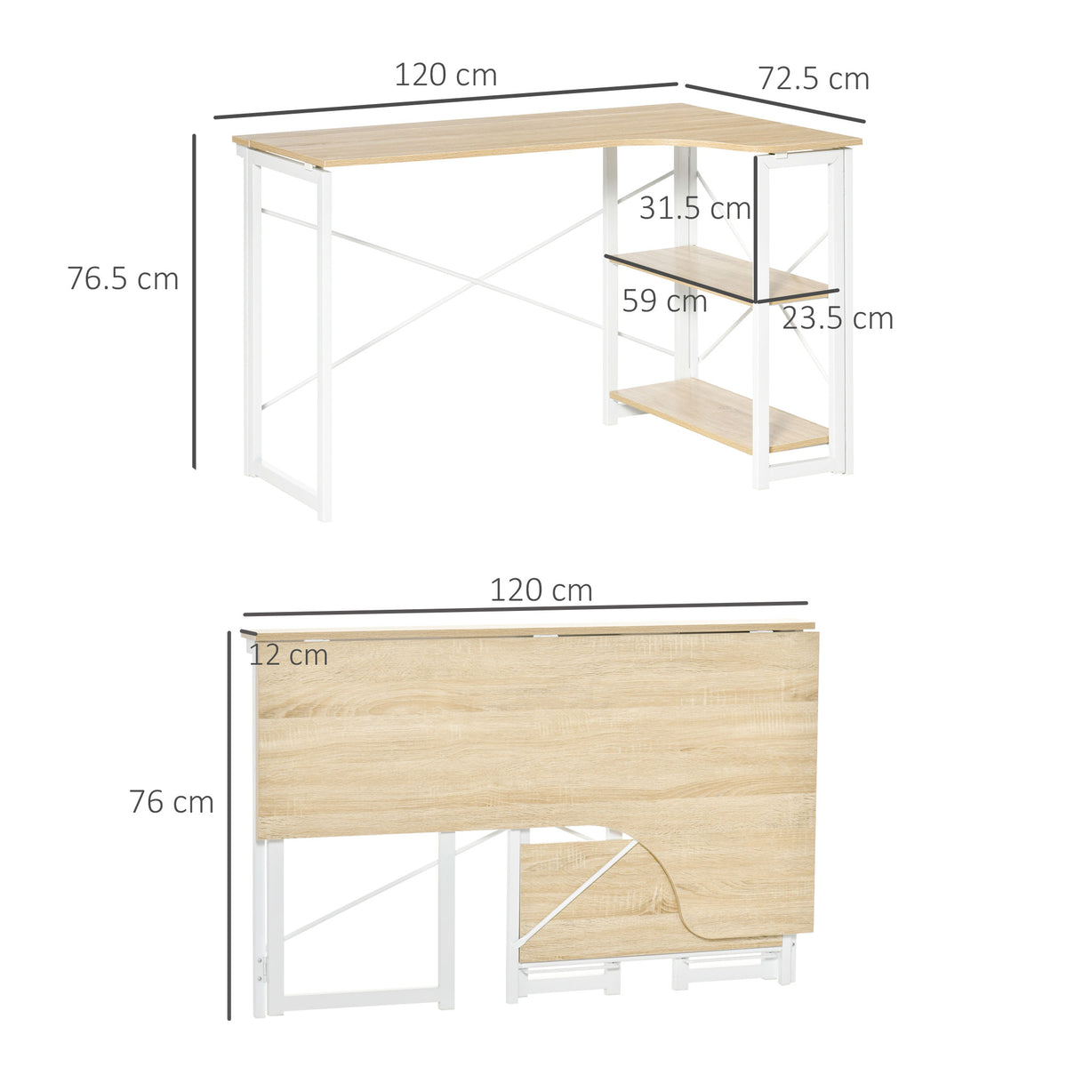 L-shaped desk shown folded and assembled, with dimensions marked