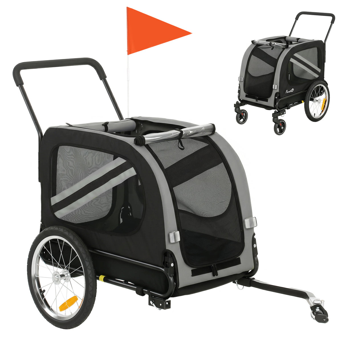 Photo of PawHut 2-In-1 Pet Bike Trailer Dog Stroller Pushchair with Universal Wheel Reflector Flag Grey in Grey colour on a white background