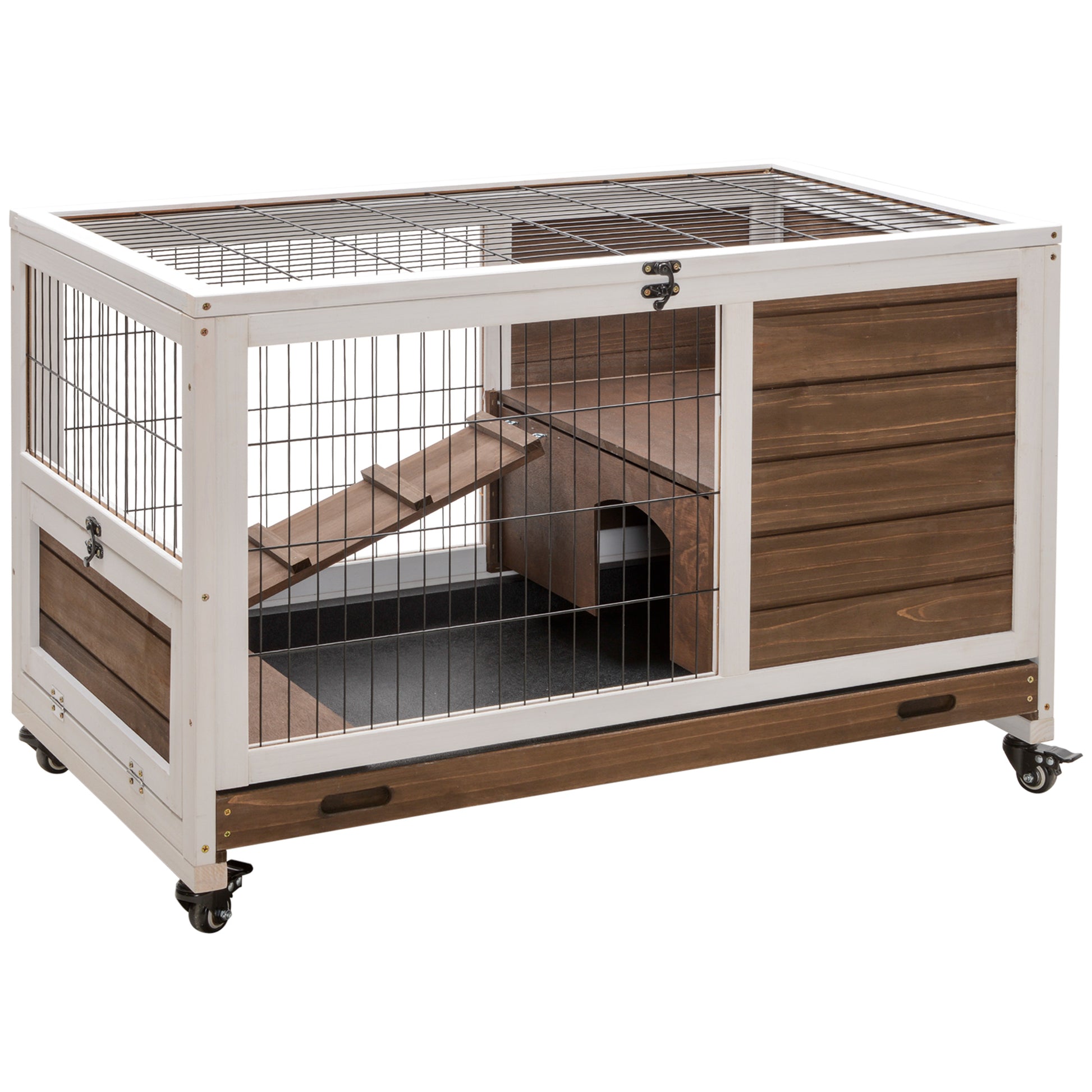 Photo of PawHut Wooden Guinea Pig Hutch, 2-Floor Bunny Cage w/ Enclosed Run Area, Brown in Brown colour on a white background