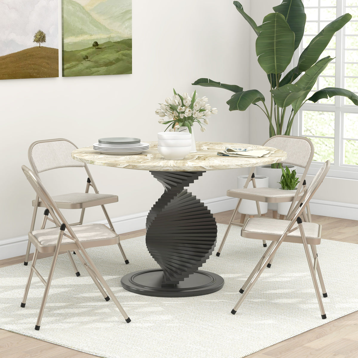 HOMCOM Linen-Look Set of Four Cushioned Folding Chairs - Beige