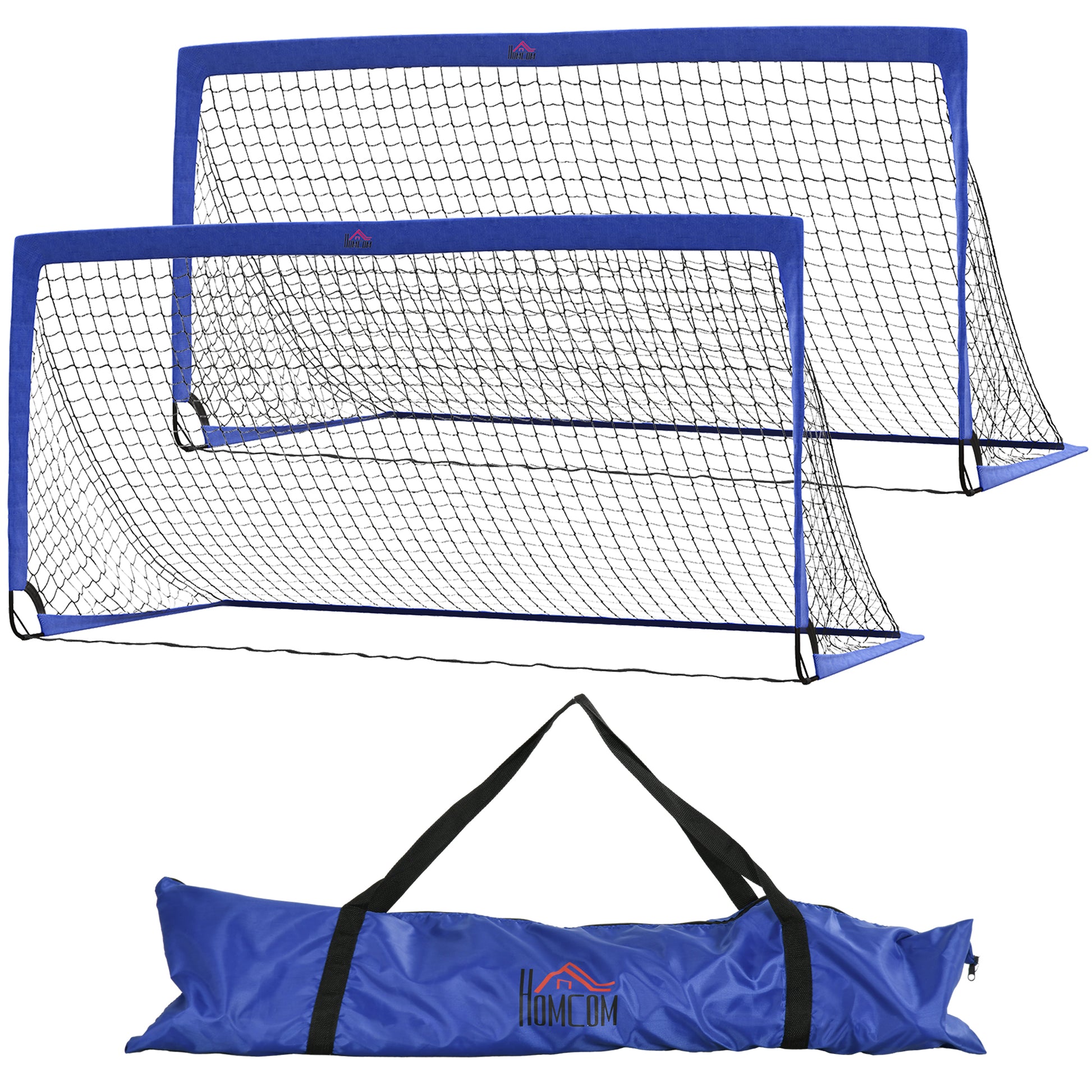 Photo of HOMCOM Set of 2 Football Goal Net 6 x 3 ft Foldable Outdoor Sport Training Teens Adults Football with Carrying Bag Blue in Blue colour on a white background