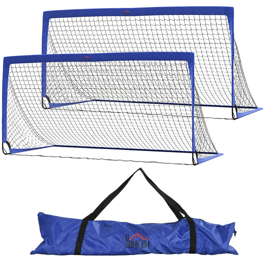Photo of HOMCOM Set of 2 Football Goal Net 6 x 3 ft Foldable Outdoor Sport Training Teens Adults Football with Carrying Bag Blue in Blue colour on a white background