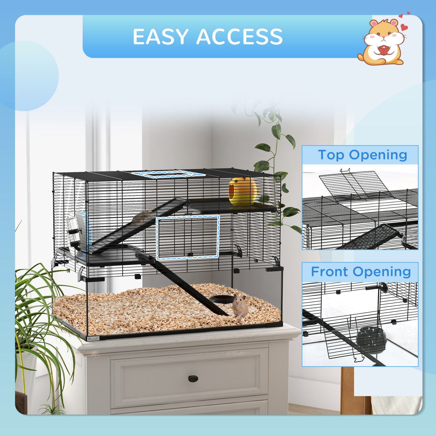 PawHut 3 Tiers Hamster Cage, Gerbil Cage with Deep Glass Bottom, Non-Slip Ramps, Platforms, Hut, Exercise Wheels, Water Bottle, Dish, for Syrian Hamster, Dwarf Hamster, 76.5 x 48.5 x 54.5cm