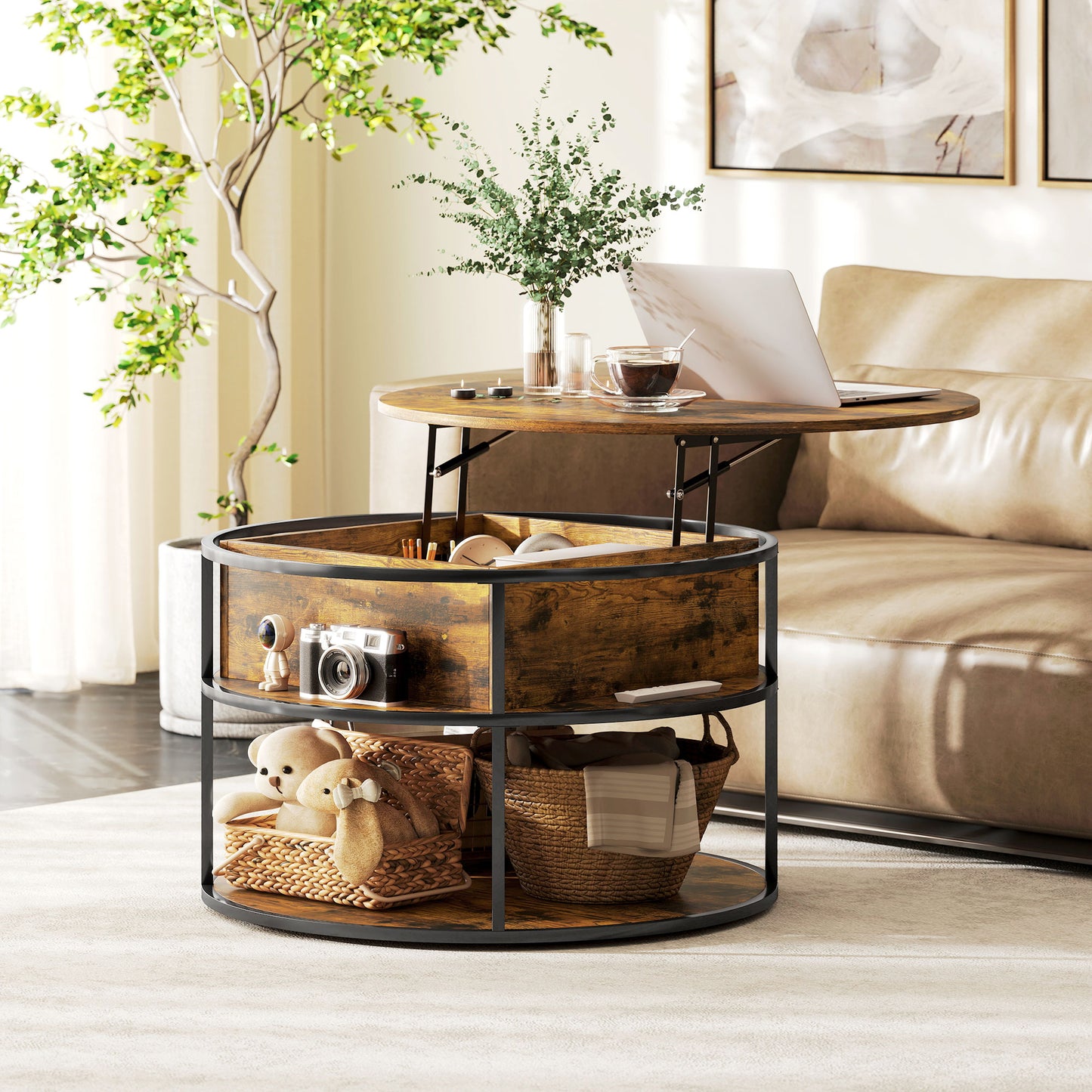 HOMCOM Lift Top Coffee Table, Round Coffee Table with Storage Shelf, Hidden Compartment and Steel Frame for Living Room, Home Office, Brown